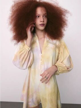 ZARA Pastel Tie Dye Cotton Romper Boho Puff Sleeve Button Front Size S